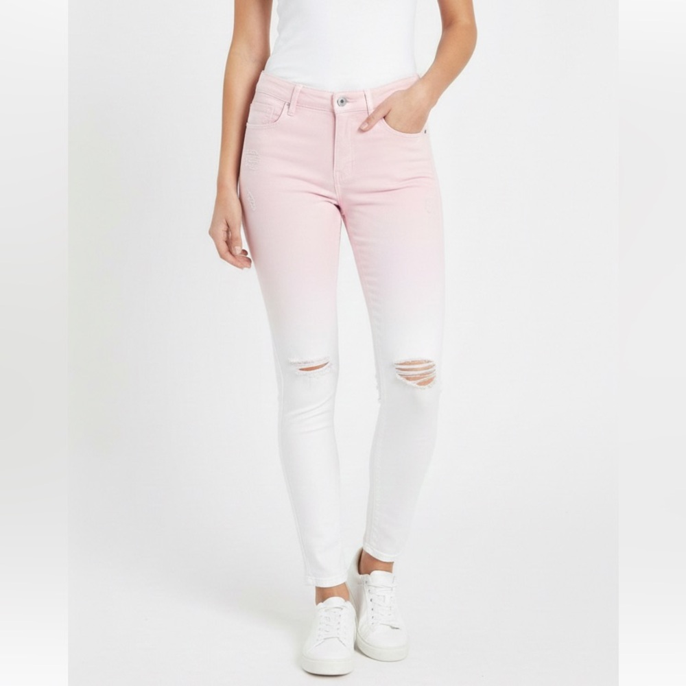 VANILLA STAR Ombré Pink Distressed White Ankle Jeans size 7